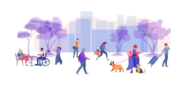 Vector illustration of People going along city street with trees. Big woman walks with a dogs. Urban panorama with pedestrians, buildings and road. Horizontal cityscape. Scene with citizens walking at sidewalks in town.