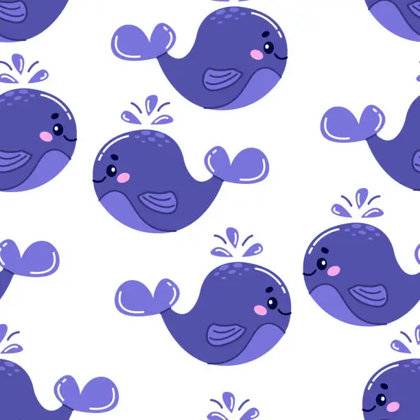 Vector illustration of Vector seamless pattern with a cute whale splashing with a jet of water in a hand-drawn style