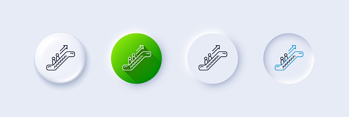 Escalator line icon. Neumorphic, Green gradient, 3d pin buttons. Elevator sign. Shopping stairway symbol. Line icons. Neumorphic buttons with outline signs. Vector