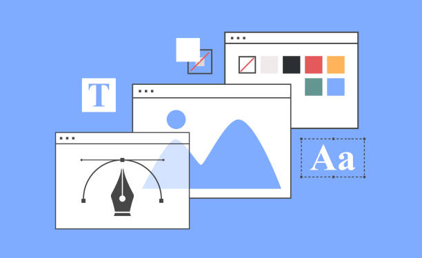 bildbanksillustrationer, clip art samt tecknat material och ikoner med set of tools and settings for graphic. graphic design concept. flat vector illustration on blue background. - webbdesign