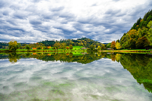 Poplar forest lake near Berghaupten in the Black Forest. Idyllic autumn landscape by the lake. Pappelwaldsee.
