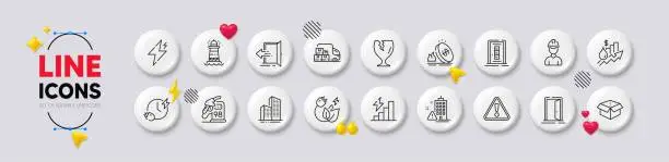 Vector illustration of Power, Rise price and Lighthouse line icons. For web app, printing. White buttons 3d icons. Vector