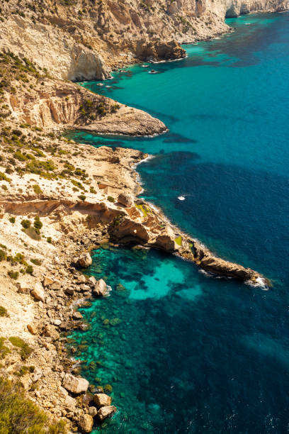 Aerial view of Atlantis natural pools and coves along the island coastline, Sa Pedrera de Cala d' Hort, Ibiza Island, Balearic Islands, Spain