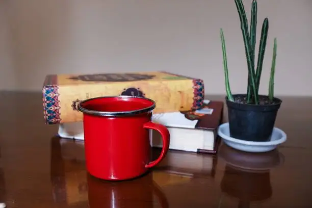 Photo of Books, cup of coffee and cactus plant on library table