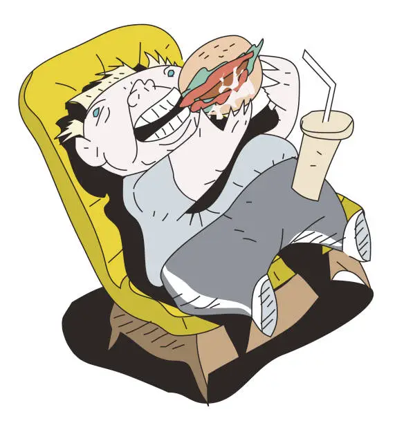 Vector illustration of obese man is consuming fast food