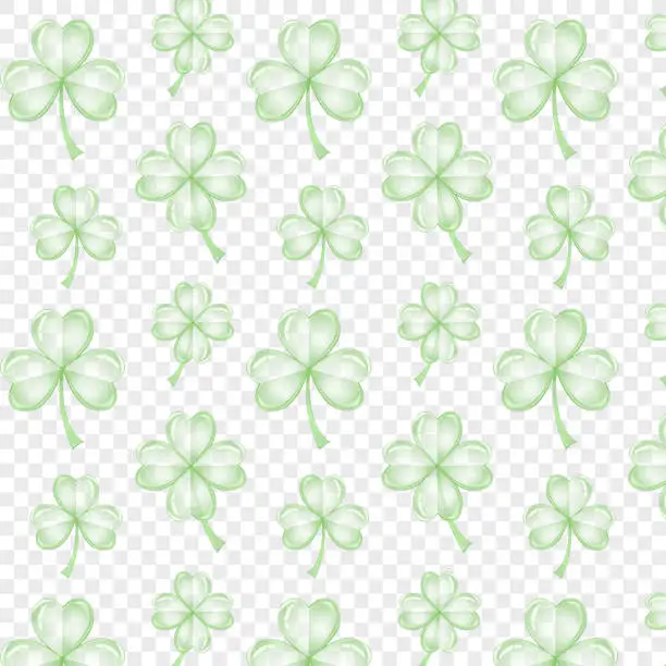 Vector illustration of Seamless pattern transparent green clover leaf. St Patrick's Day symbol, Irish lucky shamrock. Endless repeated backdrop, texture, wallpaper