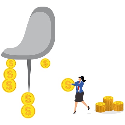 Risk control, fixing or repairing damage, solving problems or difficulties, money solves all problems, businesswoman taking gold coins to pad the legs of a damaged chair