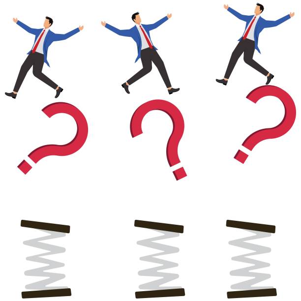 shocking questions or troubles, bad news, insurmountable troubles, heavy blows, businessmen knocked off their feet by huge question marks on springs - headache ideas businessman asking stock illustrations