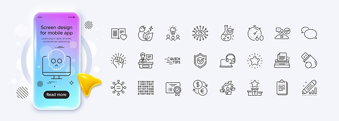 Ethics, Timer and Green energy line icons for web app. Phone mockup gradient screen. Pack of Artificial intelligence, Currency exchange, Confirmed pictogram icons. Vector