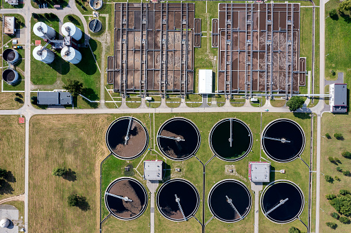 Top down view of a wastewater treatment plant seen from directly above.