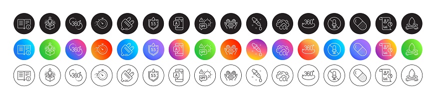 Full rotation, Capsule pill and Ab testing line icons. Round icon gradient buttons. Pack of Employee hand, Report, Spf protection icon. 360 degree, Timer, No microphone pictogram. Vector