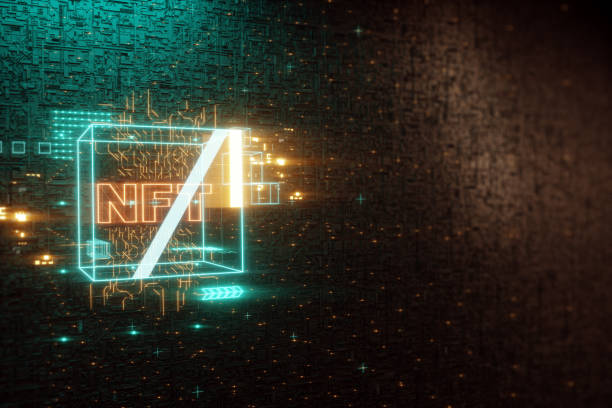 NFT digital art, Non-Fungible Token, blockchain technology. Cryptographic data block, collecting, unique pieces. Non-fungible cryptographic token. 3D render, 3D illustration. Copy space.