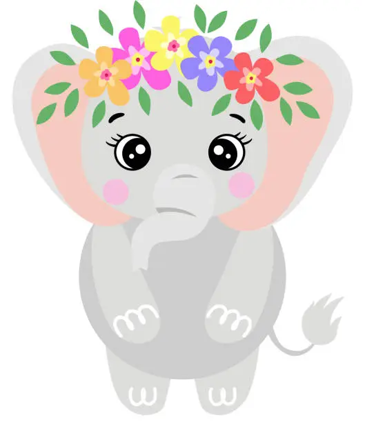 Vector illustration of Adorable elephant with wreath floral on head