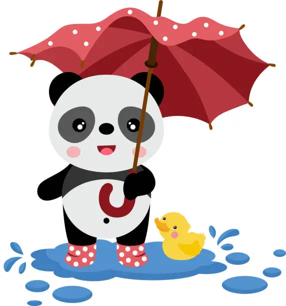 Vector illustration of Cute panda with boots and yellow duck holding an umbrella