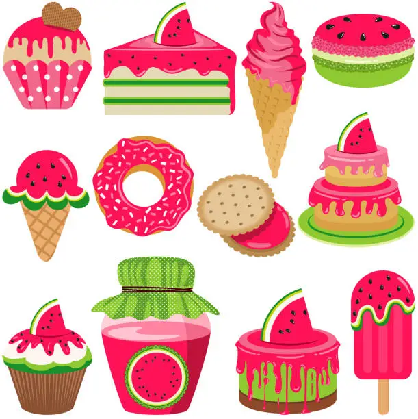 Vector illustration of Digital set of sweets made with watermelon