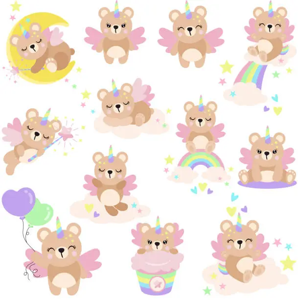 Vector illustration of Set of cute unicorn teddy bear