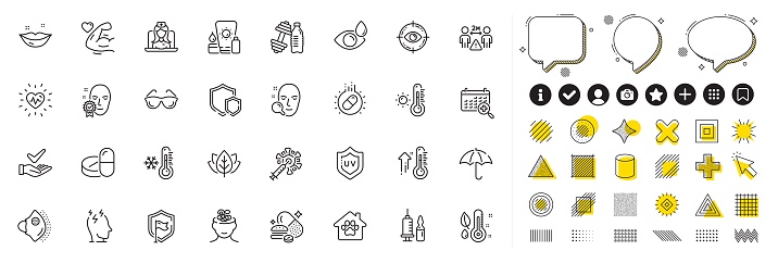 Set of Eye drops, Social distance and Face verified line icons for web app. Design elements, Social media icons. Thermometer, Organic tested, Medical vaccination icons. Vector