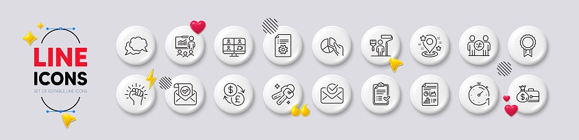 Pie chart, Technical documentation and Keys line icons. White buttons 3d icons. Pack of Report document, Empower, Currency exchange icon. Presentation, Timer, Confirmed mail pictogram. Vector
