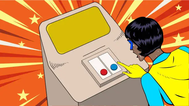 Vector illustration of Vector Pop Art Sweating African American Female Superhero Choosing Button Meme Stock Illustration