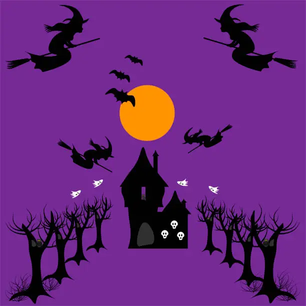 Vector illustration of Four witches on broomsticks in hats are flying with ghosts and bats to the castle. There are creepy trees with owls nearby. Halloween Concept