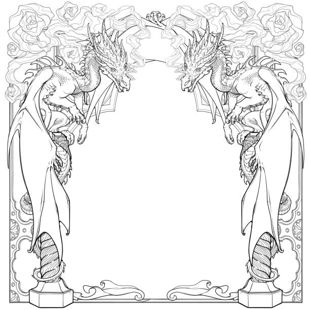 Two dragons sitting on a Gothic arch and breathing out smoke Two dragons sitting on a Gothic arch and breathing out smoke, guarding the entrance into the world of Fantasy. Square symmetrical composition, suitable as a template. EPS10 vector illustration. dragon line cartoon stock illustrations