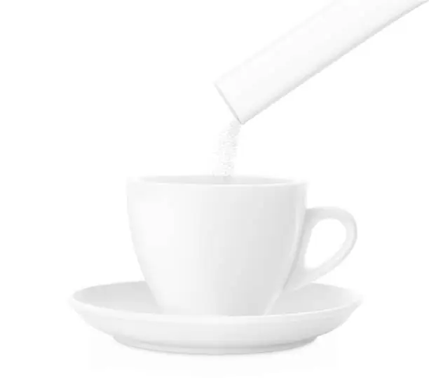 Vector illustration of Stick pack pouring powder product in cup.