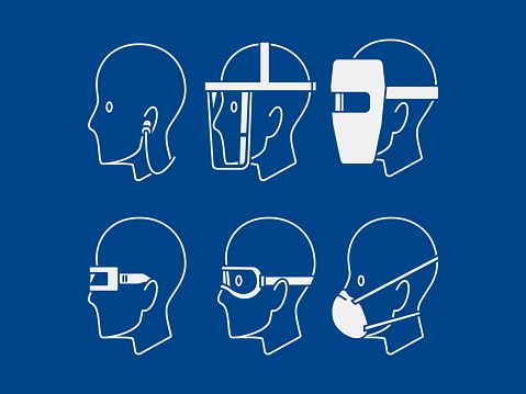 set of industrial PPE icon on blue background