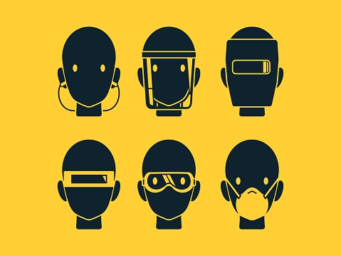 set of industrial PPE icon on yellow background