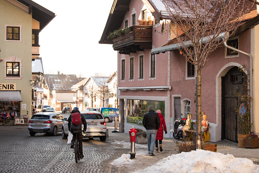 Garmisch-Partenkirchen, Germany - February 22,2022 : Street view of the Garmisch-Partenkirchen on sunny winter day.