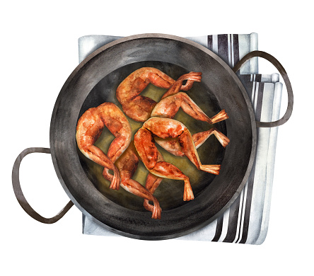 Grilled frog legs on a pan -  French style. Traditional seasonal French food. Watercolor hand drawn illustration. Suitable for menu, cookbook and restaurant. Top view