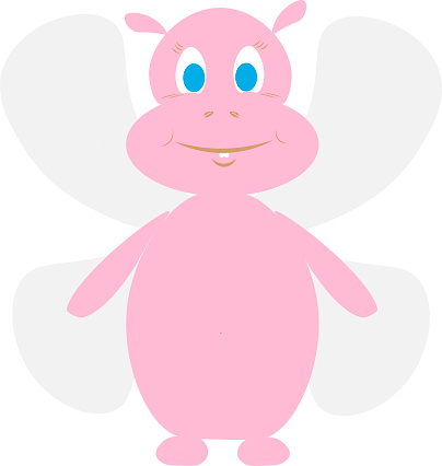 Pink little fairy hippo fairy with wings. Vector illustration for children. Use for T-shirt template, surface design, fashion clothing.