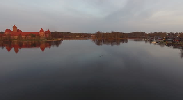 Trakai City in Lithuania. Beautiful Sunset. Landscape. Trakai Castle and Lake in Background