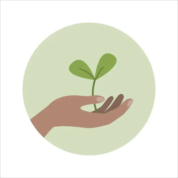 Vector illustration of Hand holding small seedling, concept of planting, growing, nature conservation, gardening.