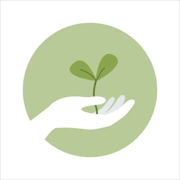 Vector illustration of Hand holding a small plant, concept of growth, conservation, ecology.