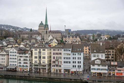 Aerial view of old town waterfront, Zurich