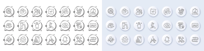 Clock bell, Tap water and Maggots line icons. White pin 3d buttons, chat bubbles icons. Pack of Hold box, Vacuum cleaner, Brush icon. Mobile inventory, Voicemail, Leadership pictogram. Vector