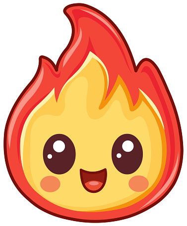 Happy fire flame character in a kawaii style