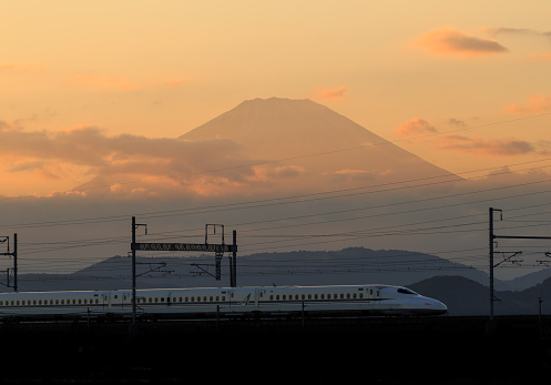 Evening view of Mt. Fuji and Shinkansen