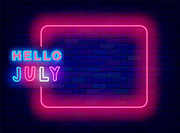 istock Hello July neon poster. Season summer party and sale invitation. Empty pink frame and typography. Vector illustration 2114289772