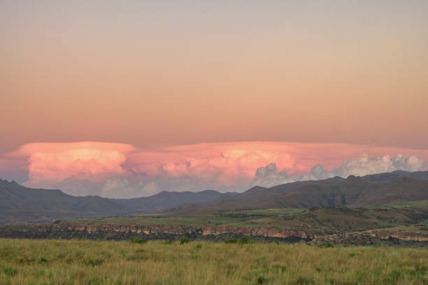 Beautiful Southern Lesotho Wild Landscape and Dramatic Sunset Cloud seen from Southern Free State close to Fouriesburg, South Africa