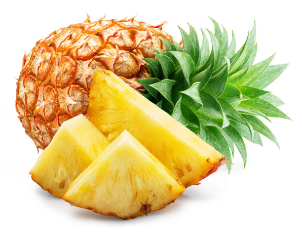 istock Ripe pineapple  and pineapple slices isolated on white background. File contains clipping path. 2114299676