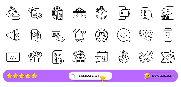 Reminder, Love chat and Confirmed flight line icons for web app. Pack of Startup, Burger, Smile face pictogram icons. Currency rate, Phone pay, Lock signs. Realtor, Technical algorithm. Vector