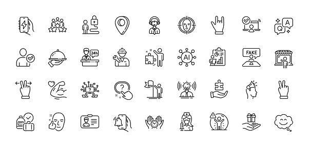 Brand ambassador, Social distance and Alarm clock line icons pack. AI, Question and Answer, Map pin icons. Shipping support, Victory hand, Strong arm web icon. Vector