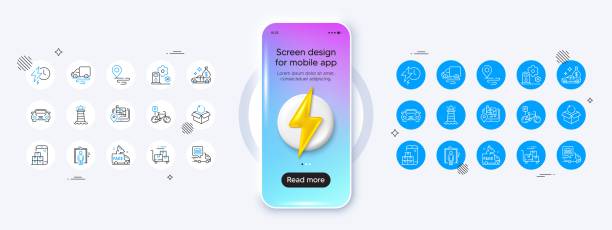 ilustraciones, imágenes clip art, dibujos animados e iconos de stock de estación de servicio, entrega de comida e íconos de línea gps. para la aplicación web, la impresión. maqueta de teléfono con icono de energía en 3d. vector - vehicle door flash