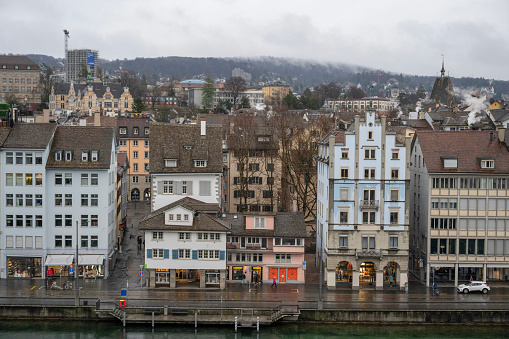 Aerial view of old town waterfront, Zurich