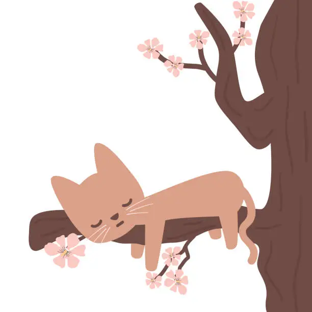 Vector illustration of cute hand drawn cartoon character little cat sleeping on cherry tree funny vector illustration