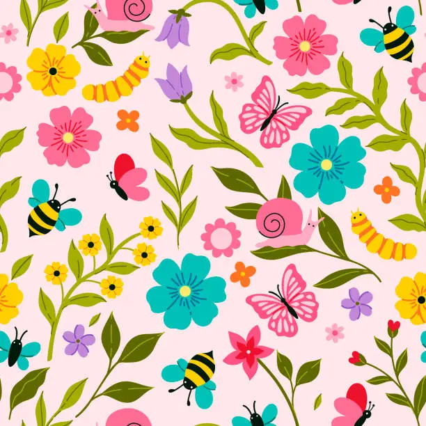 Vector illustration of Seamless pattern with cute caterpillars, butterflies and bees and flowers. Vector graphics.