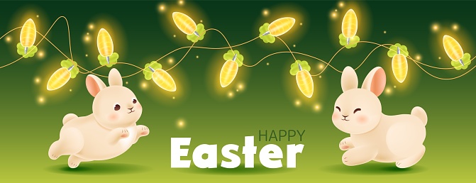 Happy Easter banner with 3d rabbit and garland in shape of carrot. Realistic bunny surrounded bright fireflies in greeting card. Modern design elements for spring holiday. Vector illustration