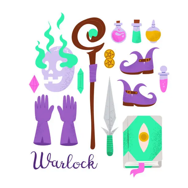 Vector illustration of Hand drawn set with Warlock equipment