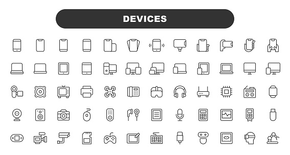 Devices Line Icons. Editable Stroke. Pixel Perfect. For Mobile and Web. Contains such icons as Camera, Computer, Database, Laptop, Monitor, PC, Smartphone, Mouse, Speaker.